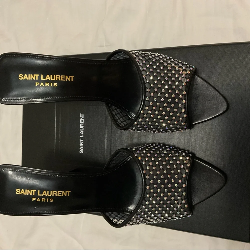 Saint Laurent Women's Liz Embellished High Heel Slide Sandals size 38 - Picture 2 of 16